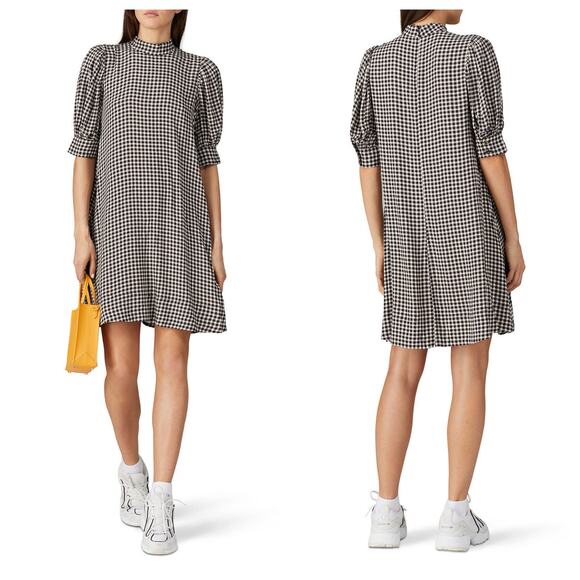 Ganni Gingham Mini Dress Size 36 Black White Crepe Puff Sleeve Lightweight - Picture 1 of 14